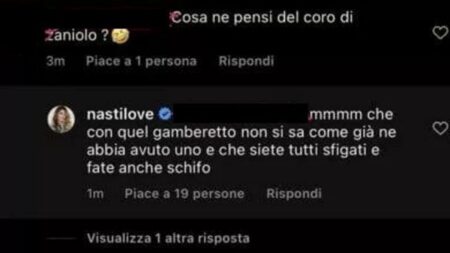 Chiara Nasti ha risposto ad un commento sui social rivolto ai cori romanisti sulla paternità del figlio, a cui si è unito il suo ex Nicolò Zaniolo.
